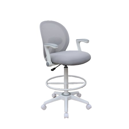 Boss Office Products Drafting Chair, White Frame, Gray Mesh and Fabric with Flip Arms B1676WT-GY